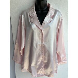 Allison Rhea Pink Blush Satin Button Up Embroidered Floral Collar Nightgown M
